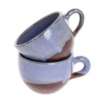 Ceramic coffee cups, 'Sea Blue Morning' (pair) - Blue and Brown Ceramic Coffee Cups from Honduras (Pair)