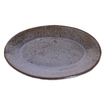 Ceramic serving plate, 'Earthen Blue' - Oval Blue Brown Dinner Plate with Lead Free Glaze