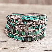 Beaded wrap bracelet, 'New and Old in Green' - Green and White Glass Beaded Wrap Bracelet with Button Clasp