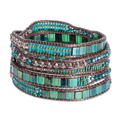 Green and White Glass Beaded Wrap Bracelet with Button Clasp