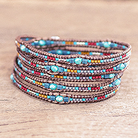 Glass beaded wrap bracelet, 'Sea-Blue Eyes' - Guatemalan Glass Beaded Wrap Bracelet with Blue Accents