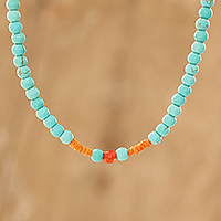 Jasper beaded necklace, 'Bohemian Turquoise' - Light Blue and Orange Beaded Necklace with Sliding Knot