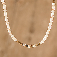 Jasper beaded necklace, 'Beachcomber' - Off White Resin and Brown Jasper Beaded Adjustable Necklace