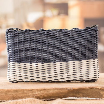 Handwoven cosmetic bag, 'Navy over White' - Hand-Woven Recycled Vinyl Cord Cosmetic Bag in Blue & White