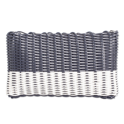 Handwoven cosmetic bag, 'Navy over White' - Hand-Woven Recycled Vinyl Cord Cosmetic Bag in Blue & White
