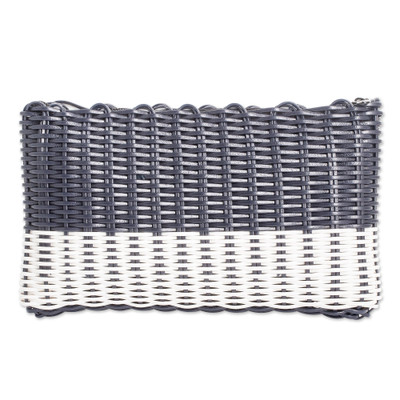 Handwoven cosmetic bag, 'Navy over White' - Hand-Woven Recycled Vinyl Cord Cosmetic Bag in Blue & White