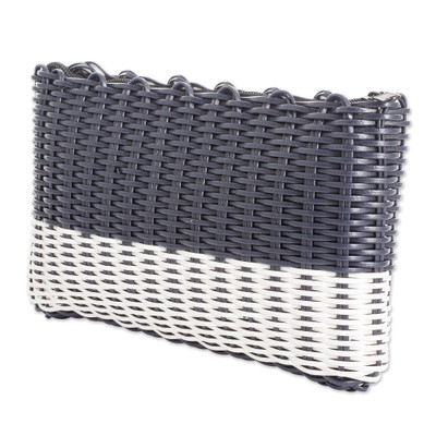 Handwoven cosmetic bag, 'Navy over White' - Hand-Woven Recycled Vinyl Cord Cosmetic Bag in Blue & White