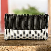 Handwoven cosmetic bag, 'Black over White' - Black-on-White Recycled Cord Cosmetic Purse with Zipper