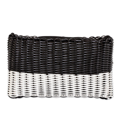 Black-on-White Recycled Cord Cosmetic Purse with Zipper