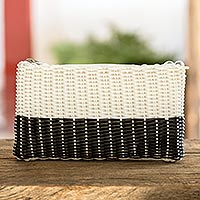 Handwoven cosmetic bag, 'White on Black' - Bicolor Recycled Central American Plastic Cosmetic Bag