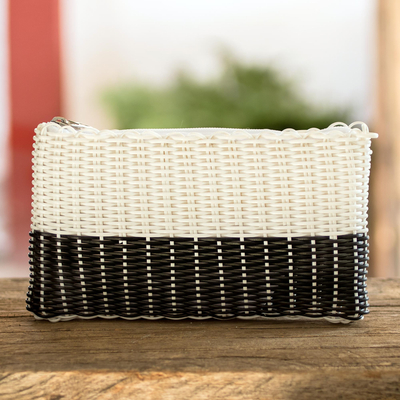 Handwoven cosmetic bag, 'White on Black' - Bicolour Recycled Central American Plastic Cosmetic Bag