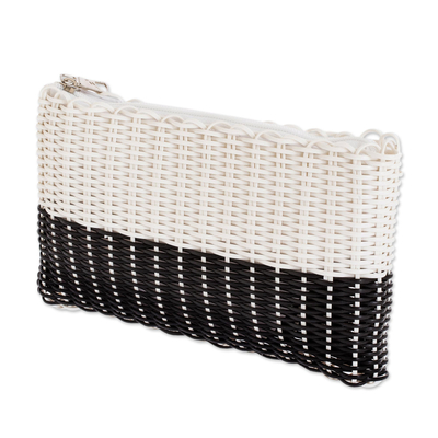 Handwoven cosmetic bag, 'White on Black' - Bicolour Recycled Central American Plastic Cosmetic Bag