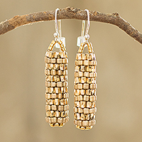 Beaded dangle earrings, 'Golden Pillars' - Glass Bead Basket Like Dangle Earrings in Gold colour