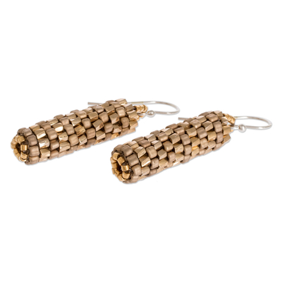 Beaded dangle earrings, 'Golden Pillars' - Glass Bead Basket Like Dangle Earrings in Gold Color
