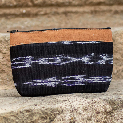 Cotton cosmetic bag, 'Black Jaspe Heritage' - Loom Woven Cotton Cosmetic Bag with Zipper from Guatemala