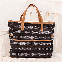Cotton tote bag, 'Jaspe Traveler' - Black and White Jaspe Design Carryall Bag from Guatemala