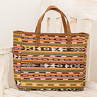 Cotton tote bag, 'Monterrico' - Loom Woven Cotton Tote Bag with Outer Pockets and Lining