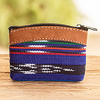 Cotton coin purse, 'Blue Quetzal Keeper' - Loom Woven Blue Cotton Zippered Change Purse with Lining