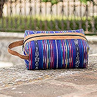 Cotton toiletries bag, 'Woven Rainbow' - Loom Woven Guatemalan Blue Cosmetic Tote with Lining