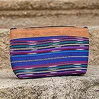 Blue Multicolor Loom Woven Cosmetic Bag from Guatemala,'Tacana Rainbow'