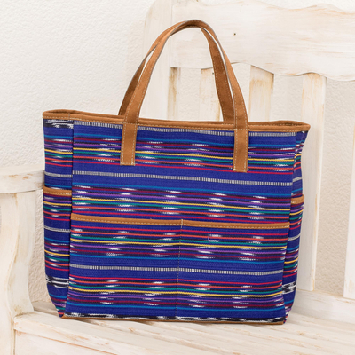 Cotton tote bag, 'Champerico Bound' - Hand Woven Blue Multicolor Cotton Tote Purse from Guatemala