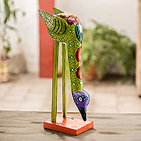 Wood statuette, 'Colorful Heron' - Hand-Painted Wood Bird Statuette