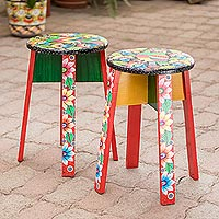 Wood stools, 'Central American Owls' (pair) - Hand Painted Wood Stools with Owls and Flowers (Pair)