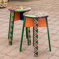 Wood stools, 'Central American Tigers' (pair)