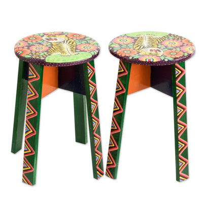 Wood stools, 'Central American Tigers' (pair) - Hand Painted Wood Stools with Owls and Tigers Flowers (Pair)