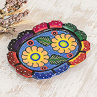 Decorative wood plate, 'Two Yellow Flowers' - Guatemalan Wood Decorative Plate with Two Yellow Flowers