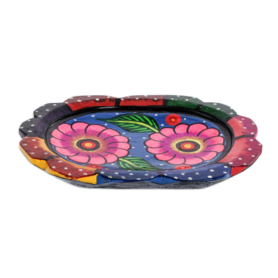 Decorative wood plate, 'Two Purple Flowers' - Guatemalan Wood Decorative Plate with Two Purple Flowers