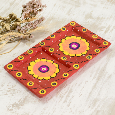 Decorative wood plate, 'Yellow Flower Windows' - Guatemalan Wood Decorative Plate with Two Yellow Flowers