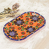 Decorative wood plate, 'Flower Quartet' - Oblong Decorative Plate with Four Purple Flowers on Orange