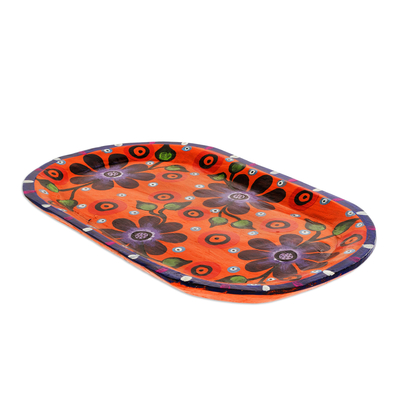 Oblong Decorative Plate with Four Purple Flowers on Orange
