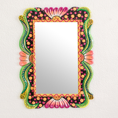 Wood wall mirror, 'Floral Enchantment' - Multicolored Wood Wall Mirror