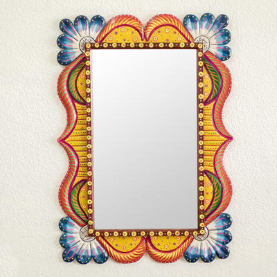 Wood wall mirror, 'Guatemalan View' - Wood Framed Wall Mirror in Multiple colours from Guatemala