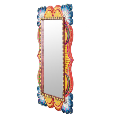 Wood wall mirror, 'Azure Flowers' - Wood Framed Wall Mirror in Blue and Orange from Guatemala