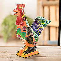Wood sculpture, 'Opulent Rooster' - Bright Multicolored Pine Wood Carving of Crowing Rooster