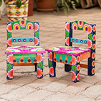 Wood decorative stools, 'Mayan Stars' (pair) - Hand-Painted Decorative Mini Stools from Guatemala
