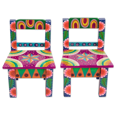 Wood decorative stools, 'Guatemala Stars' (pair) - Hand-Painted Decorative Mini Stools from Guatemala