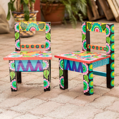 Wood decorative stools, 'Free Orange Bird' (pair) - Hand-Painted Decorative Mini Stools from Guatemala