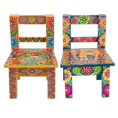 Wood decorative stools, 'Elephant and Iguana' (pair) - Hand-Painted Decorative Mini Stools from Guatemala