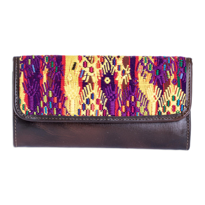 Brown Leather Tri-Fold Wallet with Mayan Design Cloth
