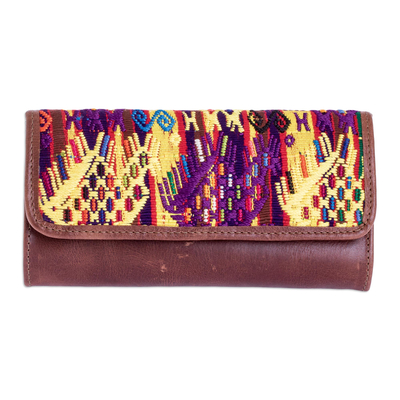 Brown Leather Tri-Fold Wallet with Mayan Design Cloth
