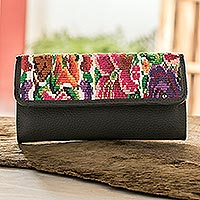 Leather and cotton wallet, 'Flower Huipil' - Black Leather Tri-Fold Wallet with Floral Design Cloth