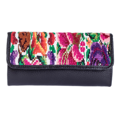 Black Leather Tri-Fold Wallet with Floral Design Cloth