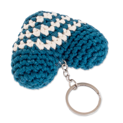 Crocheted key chain, 'Blue Antigua Heart' - Turquoise and Ivory Acrylic Crocheted Heart Key Chain