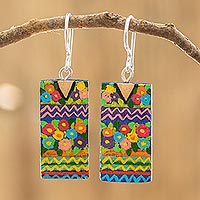 Wood dangle earrings, 'San Antonio Huipil' - Cedar Wood Hand Painted Dangle Earrings with Huipil Design