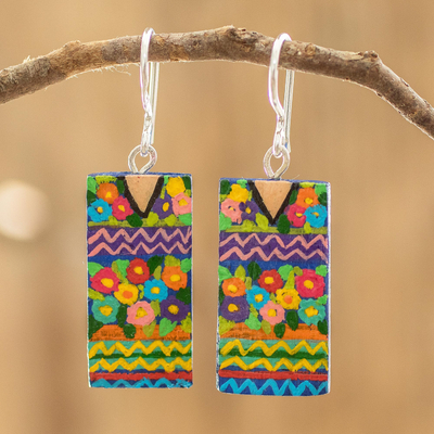 Wood dangle earrings, 'San Antonio Huipil' - Cedar Wood Hand Painted Dangle Earrings with Huipil Design