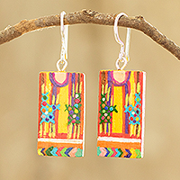 Wood dangle earrings, 'San Juan Huipil' - Cedar Wood Hand Painted Huipil Earrings from Guatemala